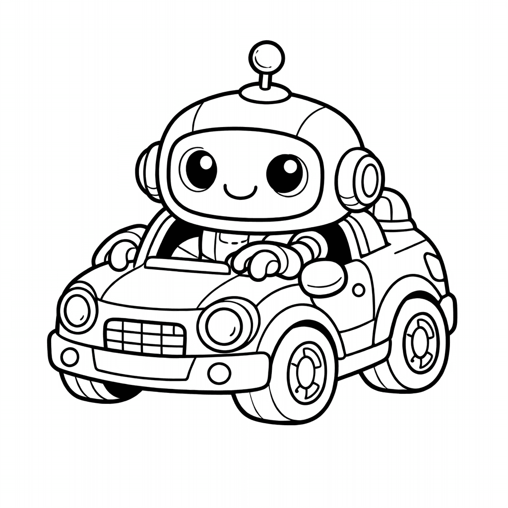 Free printable coloring page: Robot Car Resting In A Garage Surrounded By…, for ages 3-6