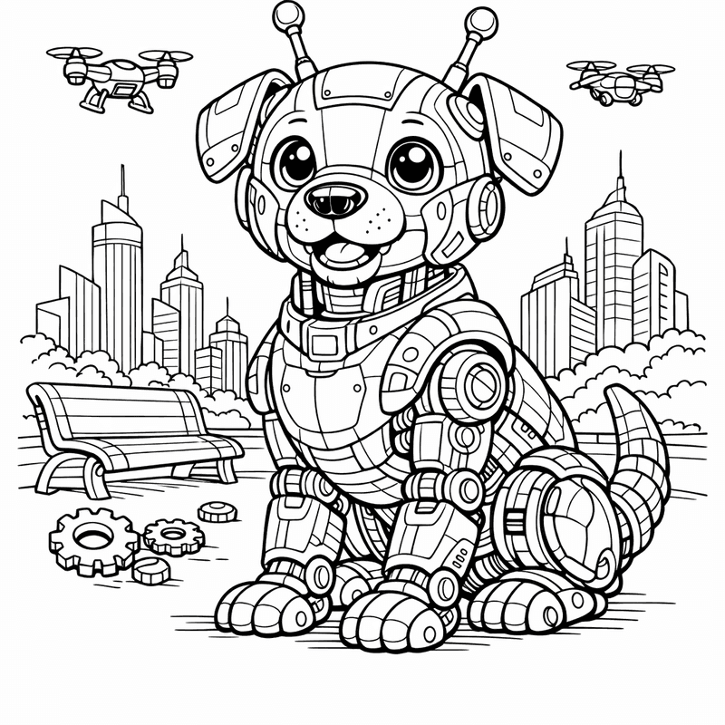 Free printable coloring page: Robot Dog Face, for ages 7-12