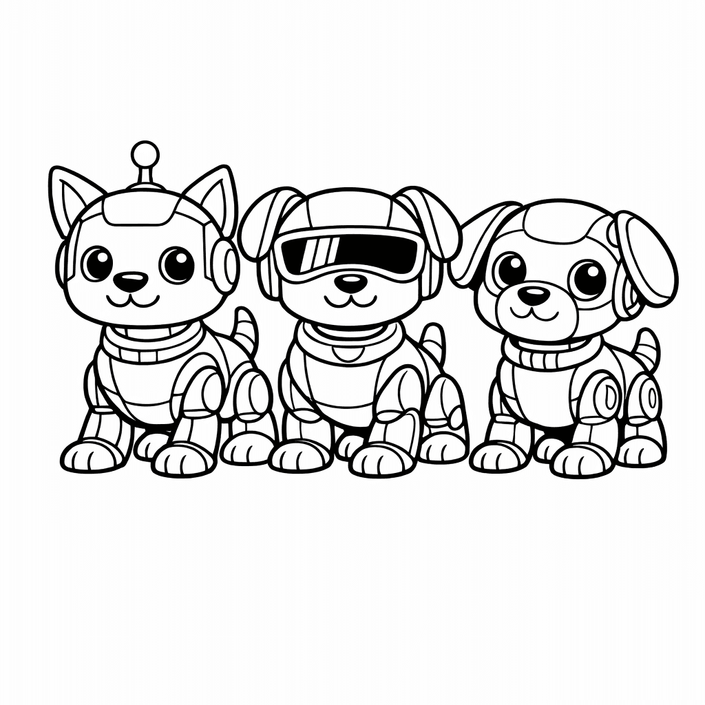 Free printable coloring page: Robot Dog And Kids Exploring A Magical Robot…, for ages 7-12