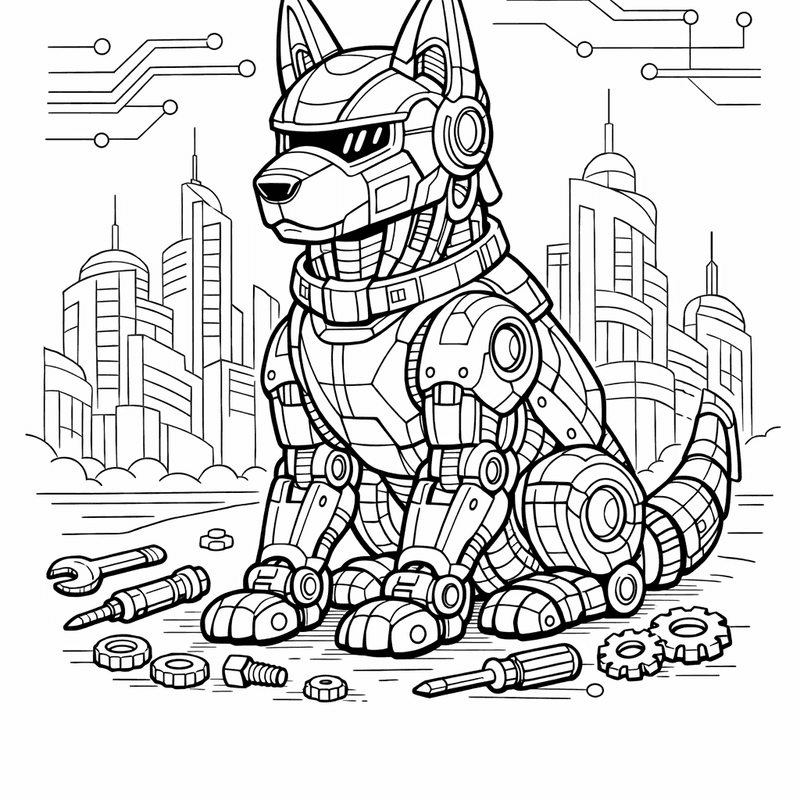 Free printable coloring page: Robot Dog Flying A Colorful Kite At The…, for ages 7-12
