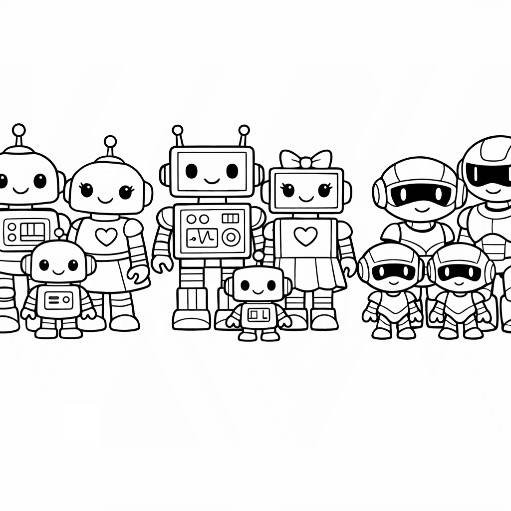 Free printable coloring page: Robot Family Building A Sandcastle On A Beach., for ages 7-12