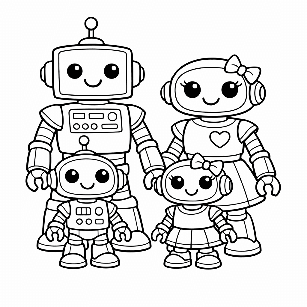 Free printable coloring page: Robot Siblings Playing Tag In A Futuristic Park., for ages 7-12