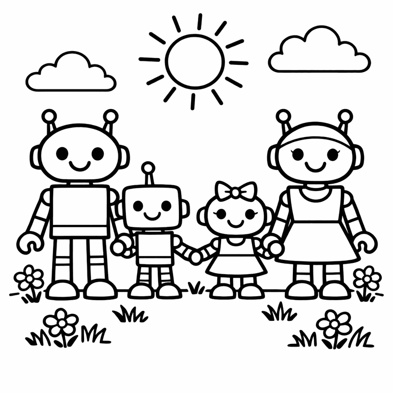 Free printable coloring page: Object Only: A Cute Robot Family With Clean…, for ages 3-6