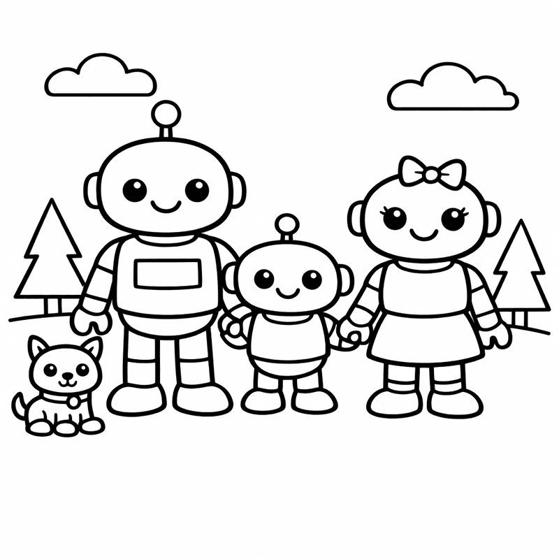 Free printable coloring page: Robot Family Three, for ages 3-6