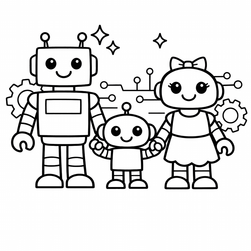 Free printable coloring page: Object Only: A Cute Robot Family With Clean Outlines, No Background, for ages 3-6