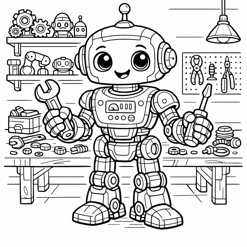 Free printable coloring page: Robot With Tool, for ages 7-12