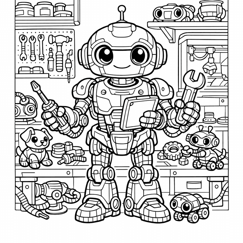 Free printable coloring page: Robot Helper Baking Cookies With Friends In The…, for ages 7-12