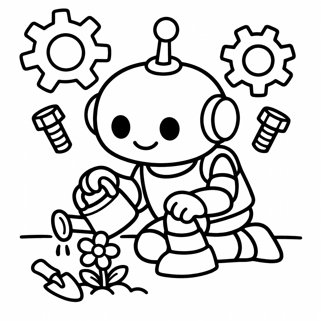 Free printable coloring page: Robot Helper Painting A Colorful Mural On A…, for ages 3-6