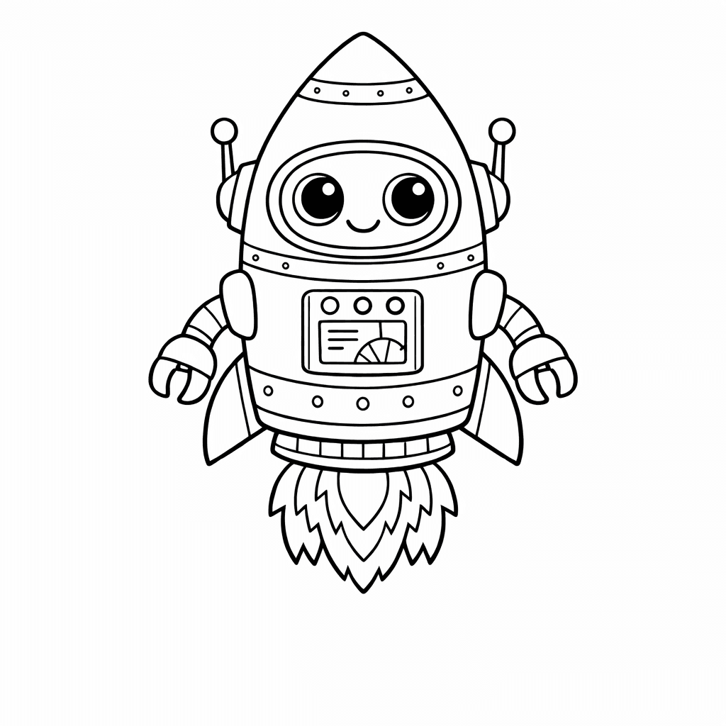 Free printable coloring page: Rocket Robot Fixing A Broken Spaceship In A…, for ages 7-12