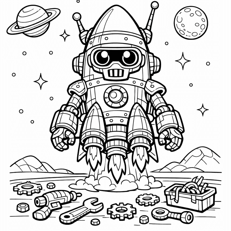 Free printable coloring page: Object Only: A Cute Rocket Robot With Clean…, for ages 7-12