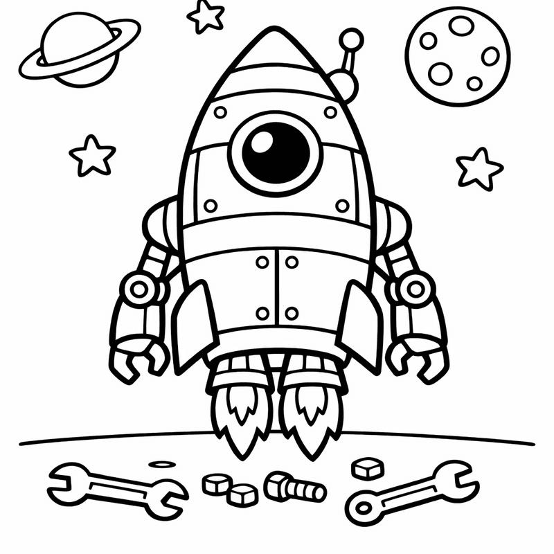 Free printable coloring page: Object Only: Two Or Three Rocket Robots Side By Side, Simple And Adorable, No Background, for ages 3-6