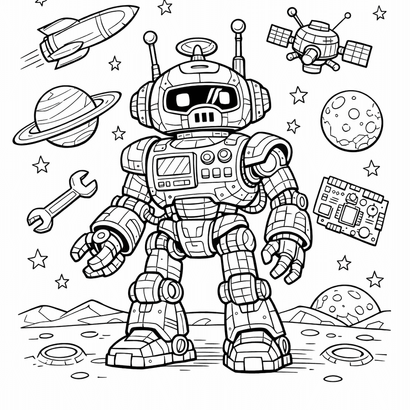 Free printable coloring page: Robot In Space, for ages 7-12