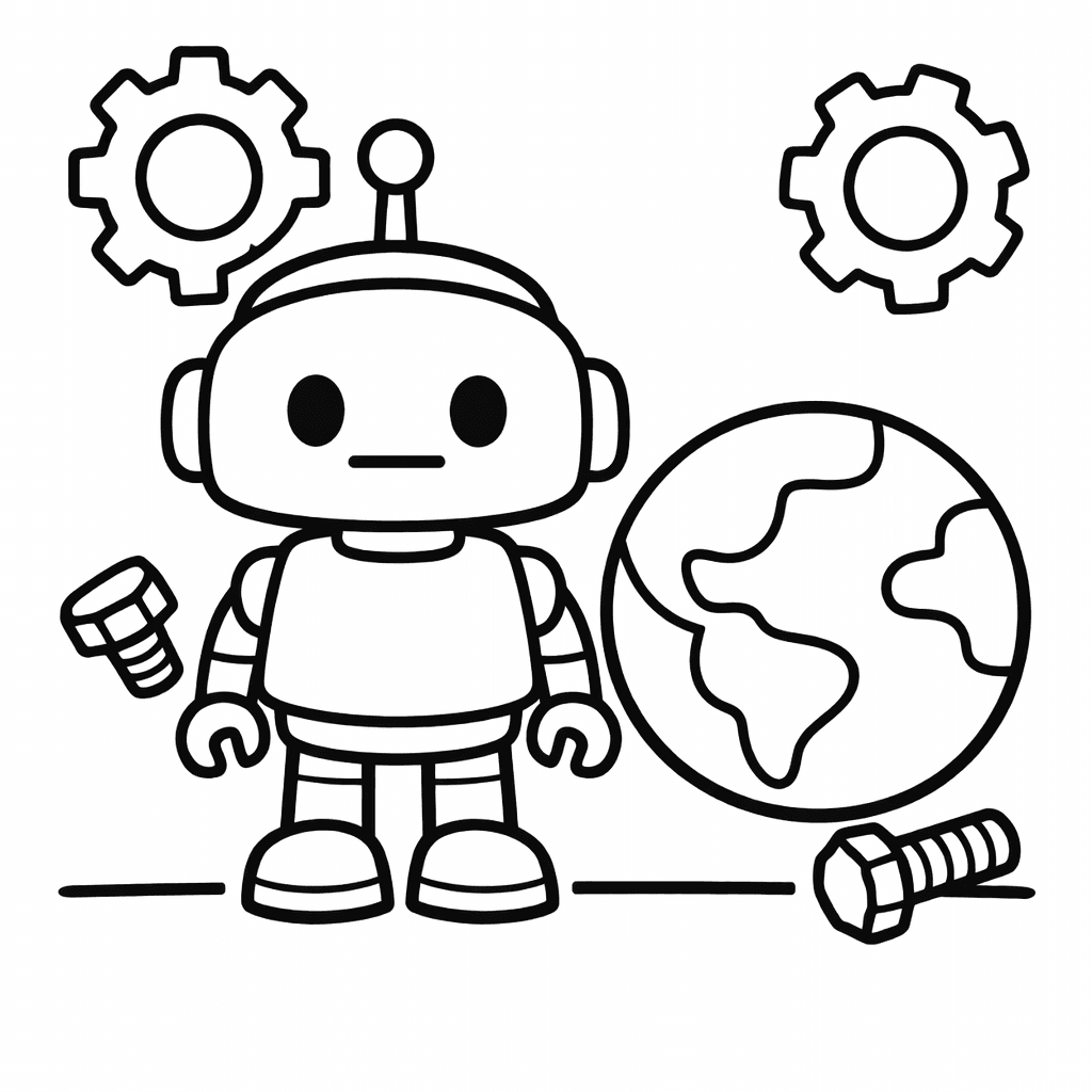 Free printable coloring page: Space Robot Building A Robot Friend With Tools…, for ages 3-6