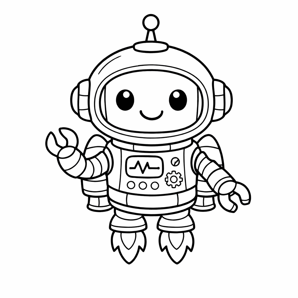 Free printable coloring page: Space Robot Playing Hide And Seek Behind Sparkling…, for ages 3-6