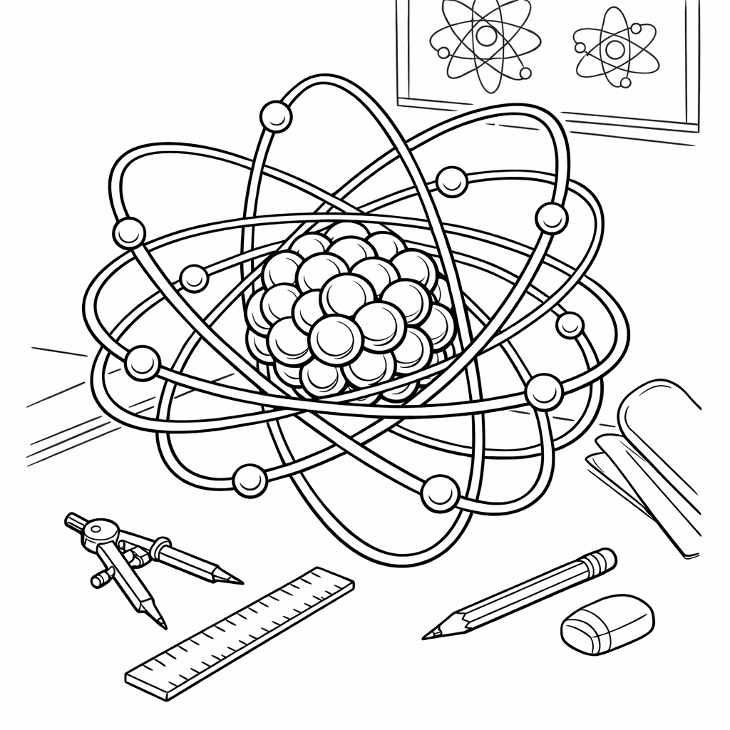 Free printable coloring page: Atom With Orbits, for ages 7-12