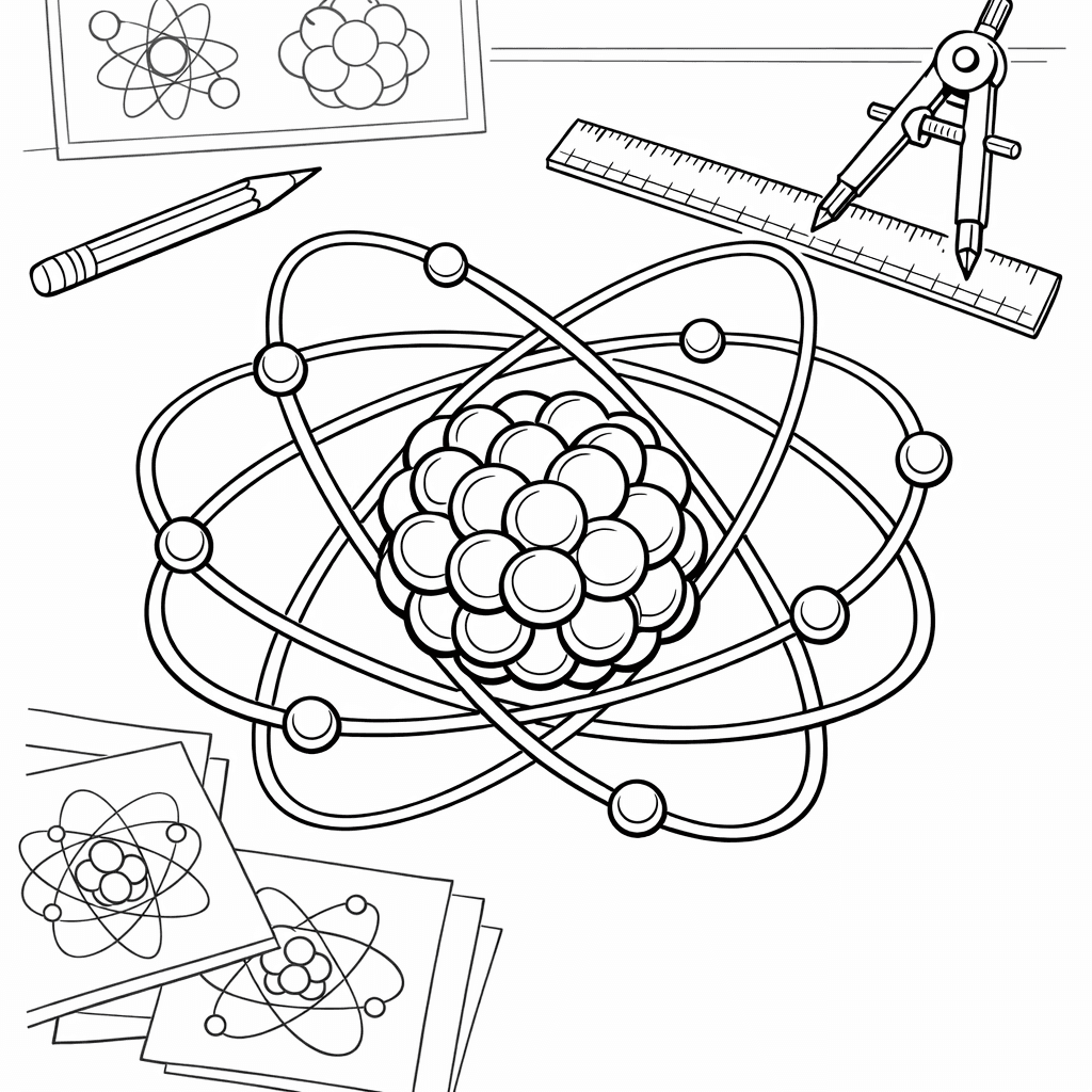 Free printable coloring page: Science Atom, for ages 7-12