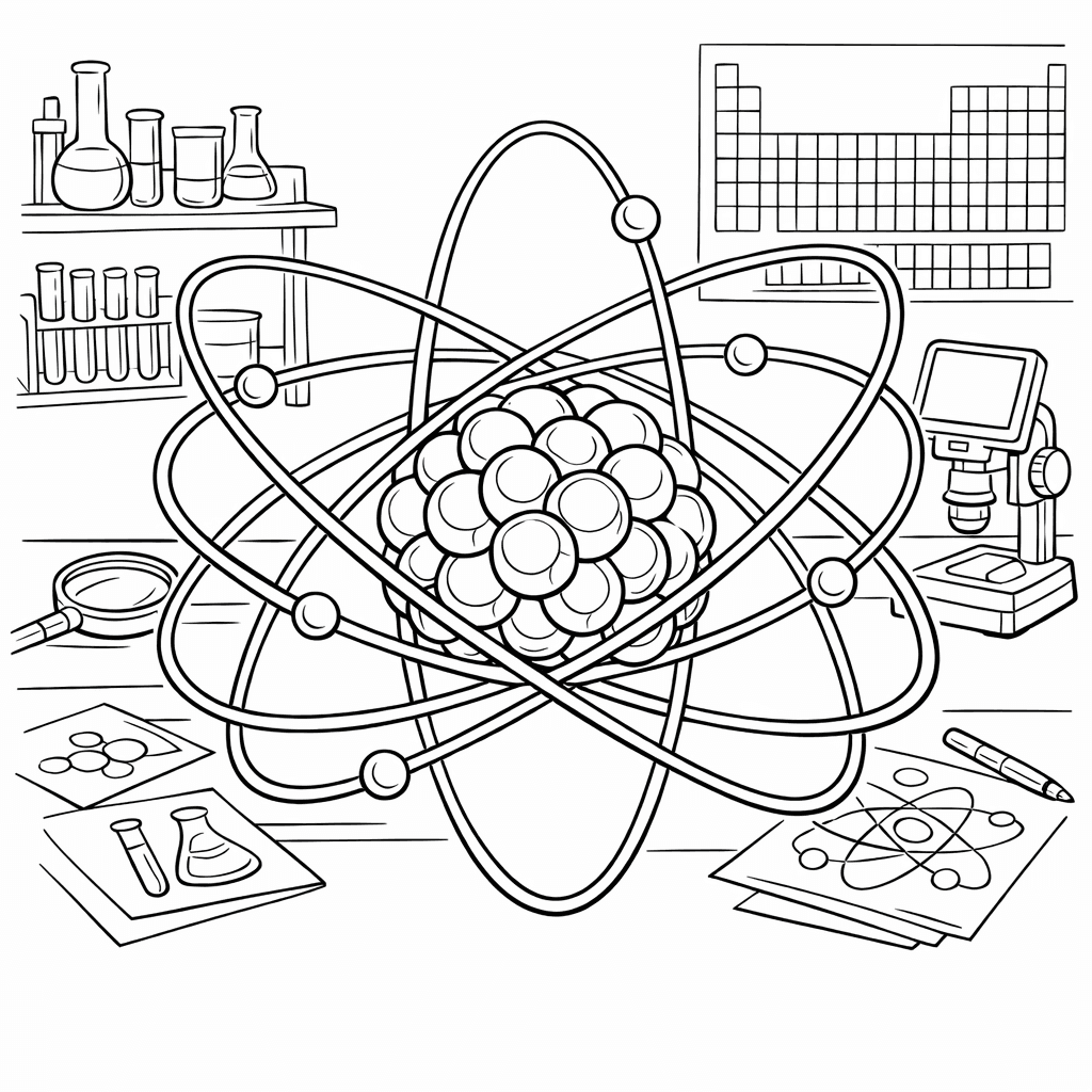 Free printable coloring page: Science Atom, for ages 7-12