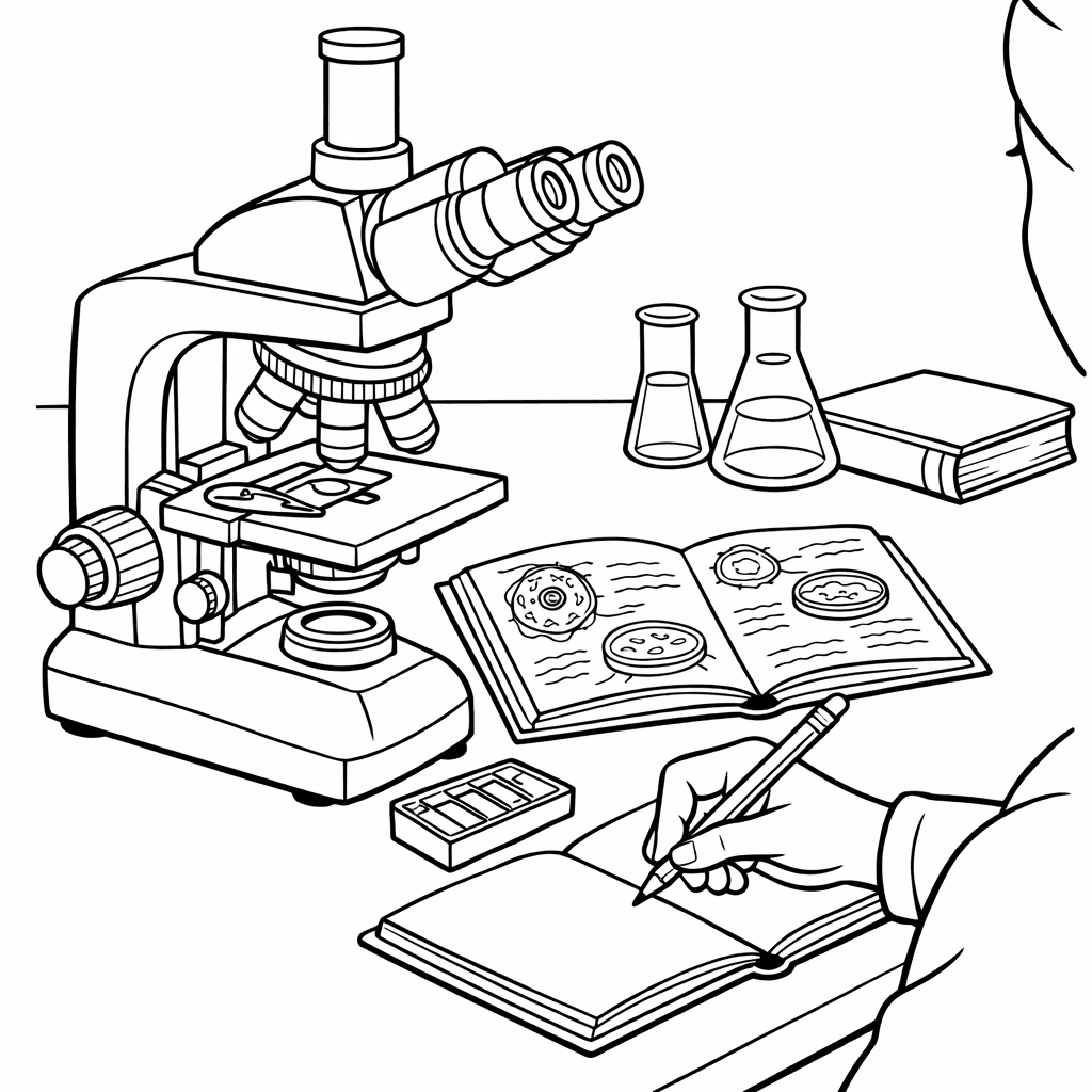 Free printable coloring page: Microscope On Table, for ages 7-12