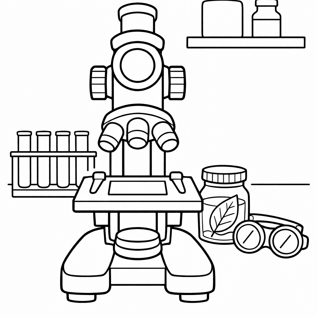 Free printable coloring page: Microscope And Lab, for ages 3-6