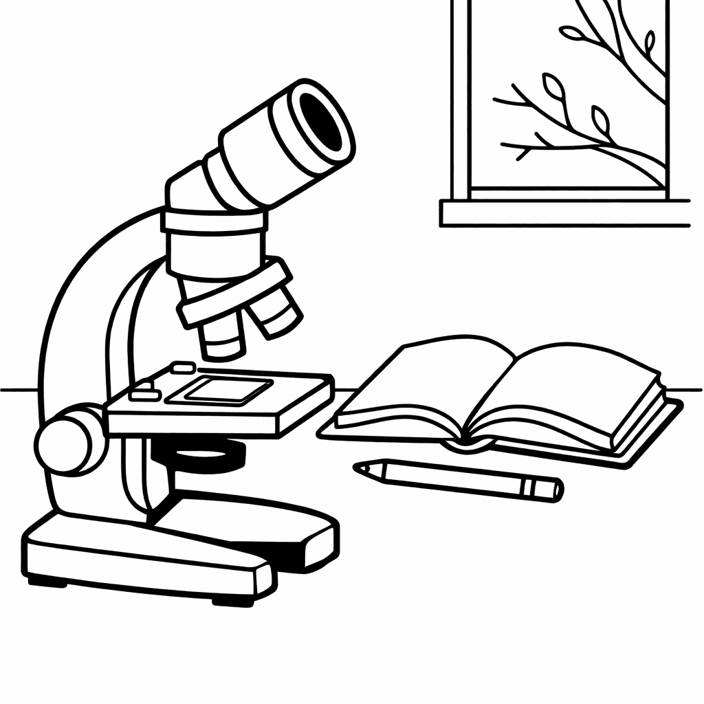 Free printable coloring page: Microscope And Lab, for ages 3-6