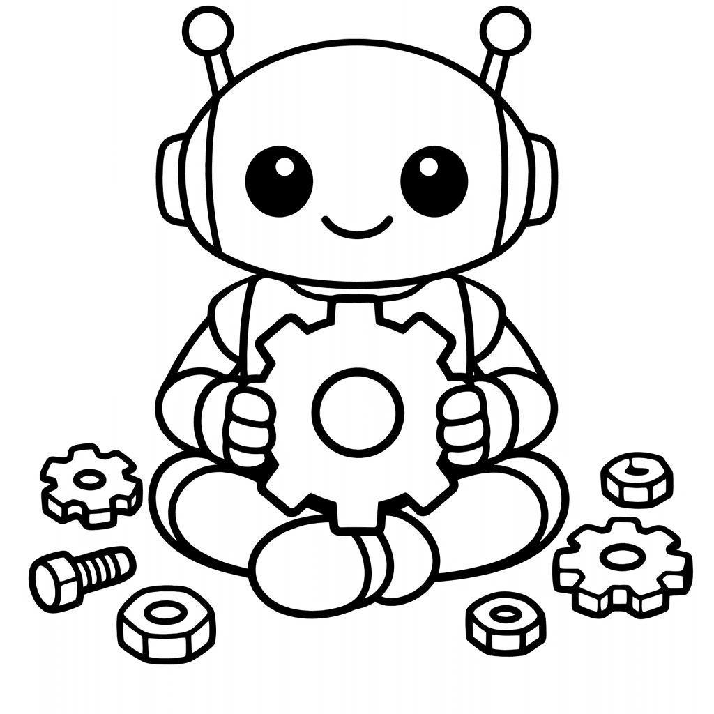 Free printable coloring page: Robot And Gears, for ages 3-6