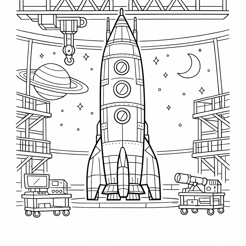 Free printable coloring page: Rocket And Moon, for ages 7-12