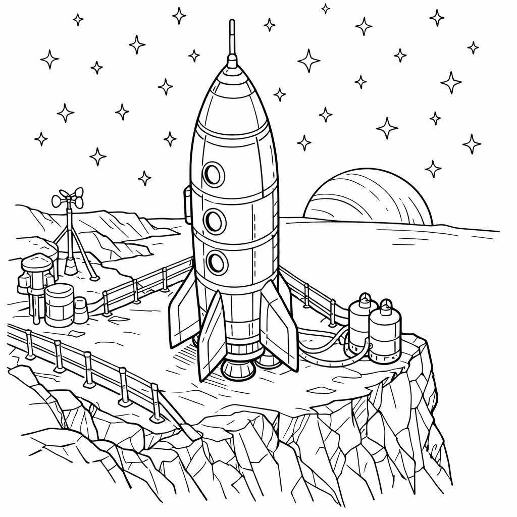 Free printable coloring page: Rocket On Pad, for ages 7-12