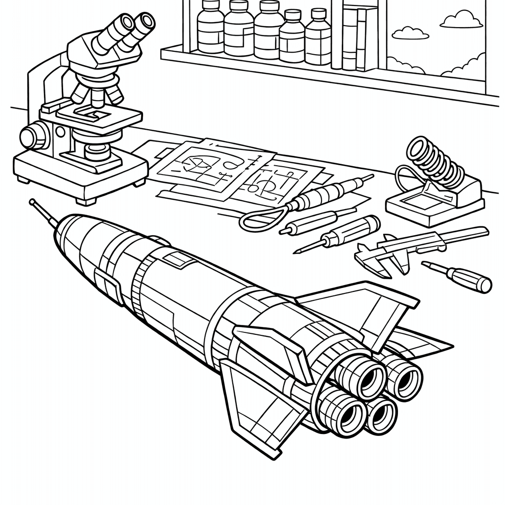 Free printable coloring page: Rocket And Stars, for ages 7-12