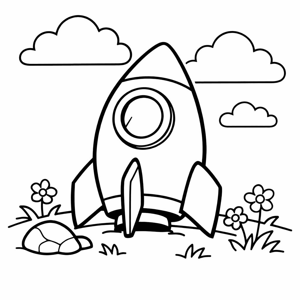 Free printable coloring page: Rocket And Stars, for ages 3-6