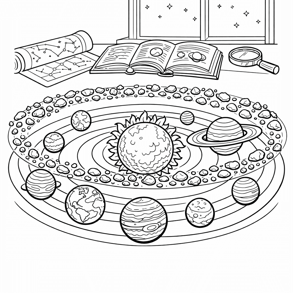 Free printable coloring page: Object Only: Two Or Three Solar Systems Side…, for ages 7-12