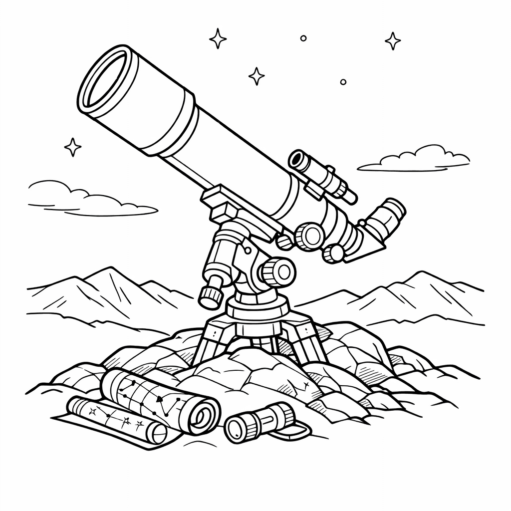 Free printable coloring page: Telescope And Moon, for ages 7-12