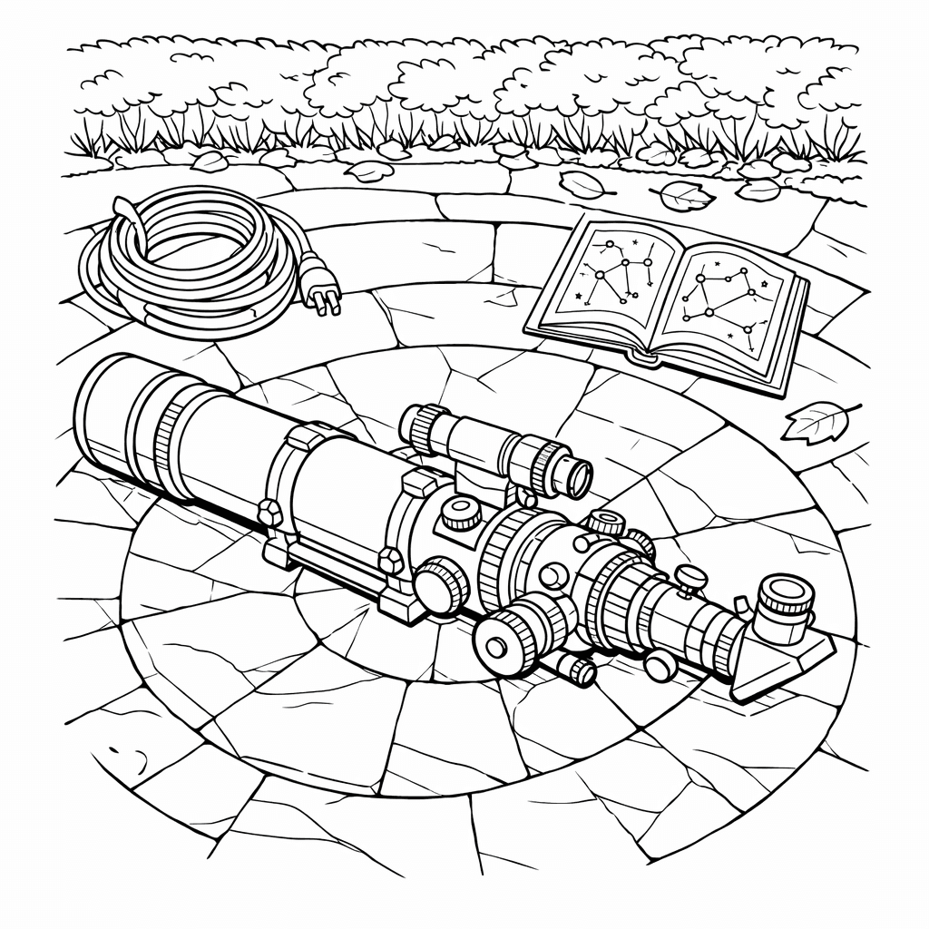 Free printable coloring page: Telescope And Stars, for ages 7-12