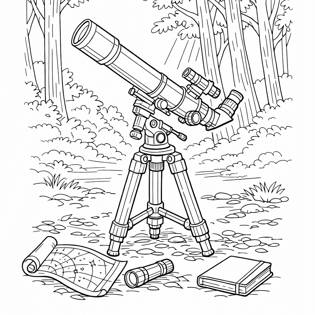 Free printable coloring page: Object Only: A Cute Telescope With Clean Outlines,…, for ages 7-12