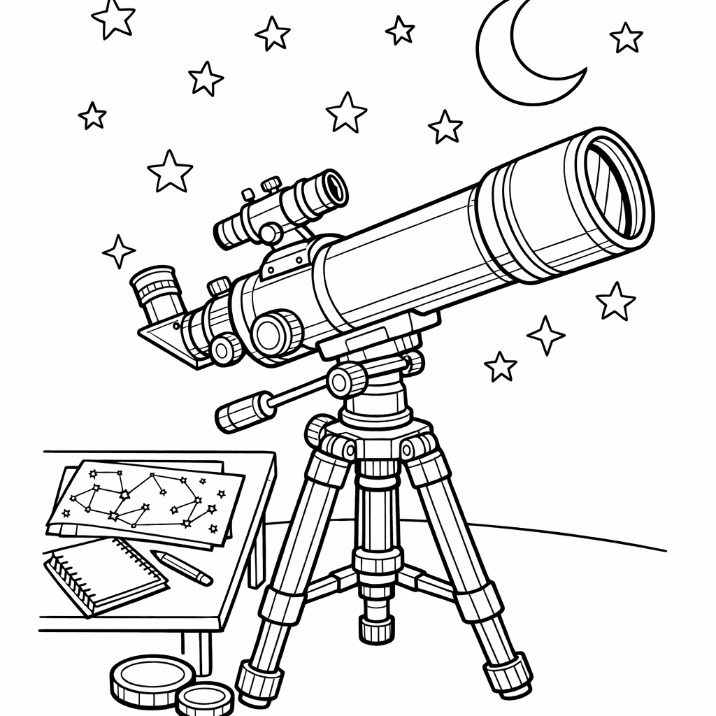 Free printable coloring page: Object Only: A Cute Telescope With Clean Outlines,…, for ages 7-12