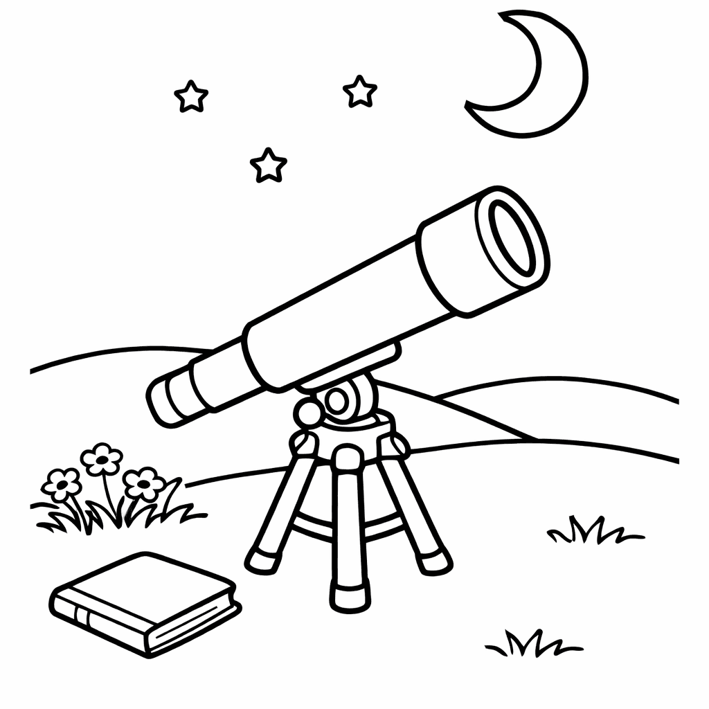 Free printable coloring page: Telescope And Planet, for ages 3-6