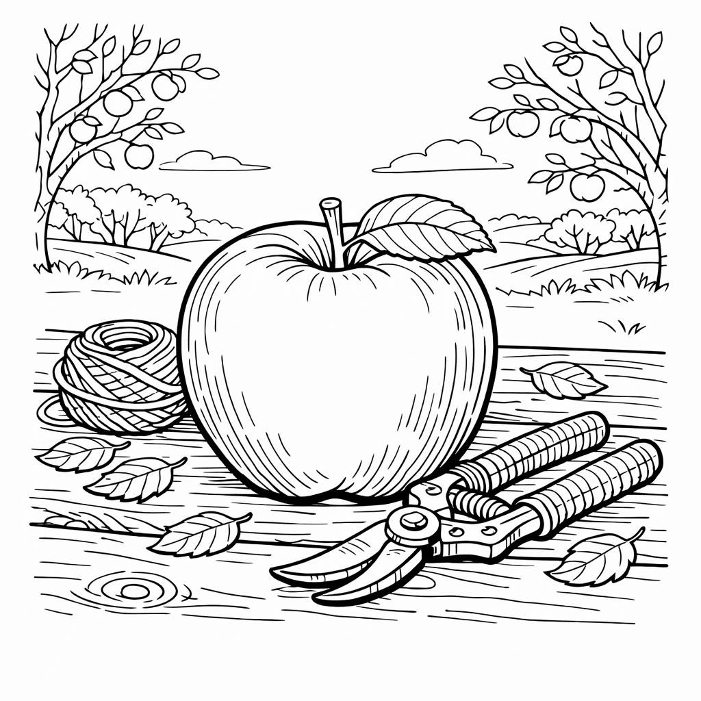 Free printable coloring page: Apple Orchard, for ages 7-12