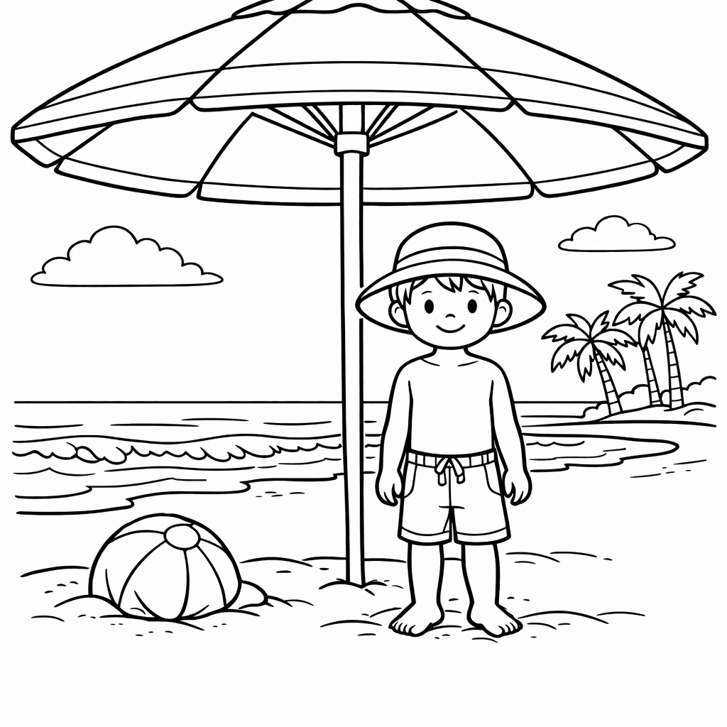 Free printable coloring page: Object Only: A Cute Beach With Clean Outlines,…, for ages 7-12