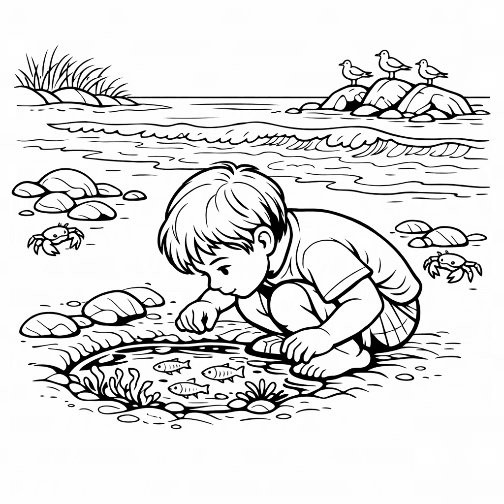 Free printable coloring page: Object Only: A Cute Beach With Clean Outlines,…, for ages 7-12
