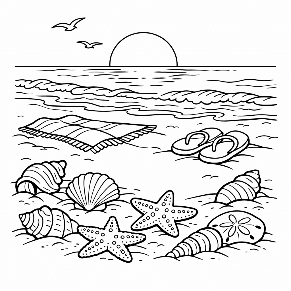 Beach Coloring Page — Beach And Shells