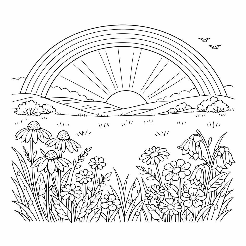 Free printable coloring page: Rainbow Over Hills, for ages 7-12