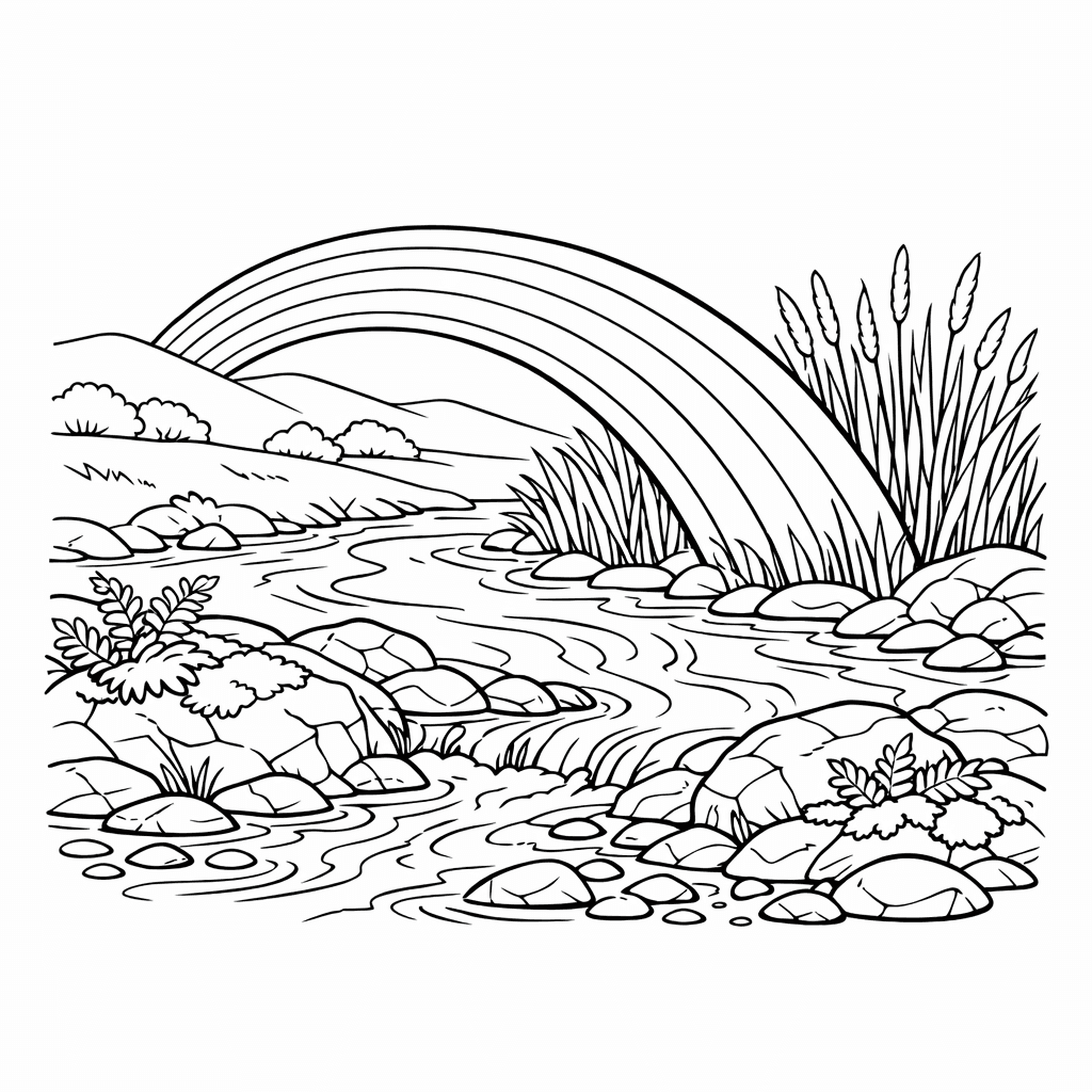 Free printable coloring page: Rainbow And Clouds, for ages 7-12
