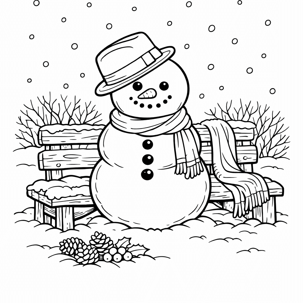 Free printable coloring page: Object Only: A Cute Snowman With Clean Outlines,…, for ages 7-12