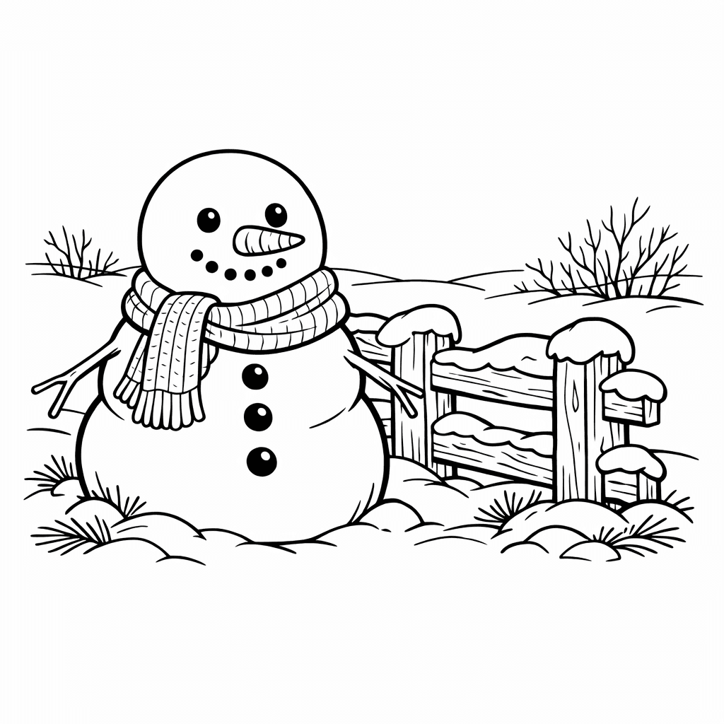 Free printable coloring page: Snowman And Trees, for ages 7-12