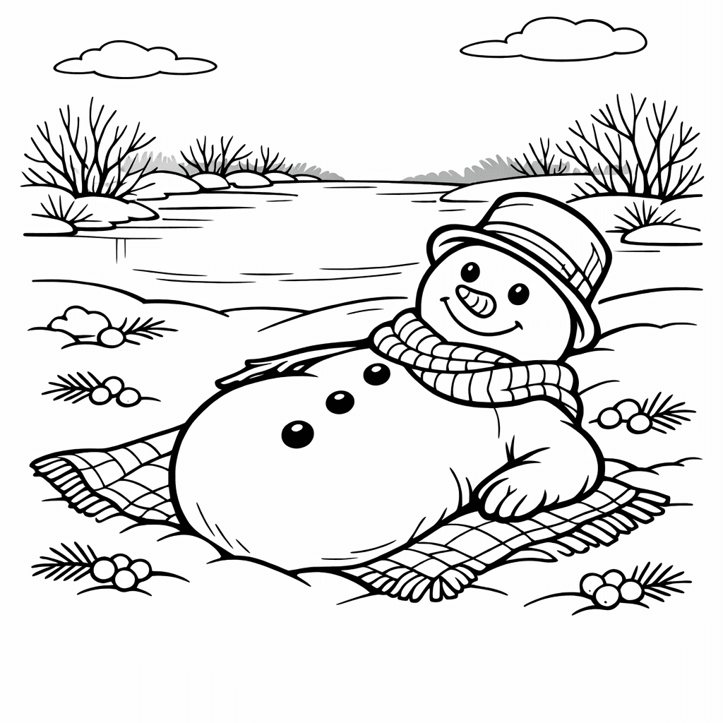 Free printable coloring page: Snowman And Trees, for ages 7-12