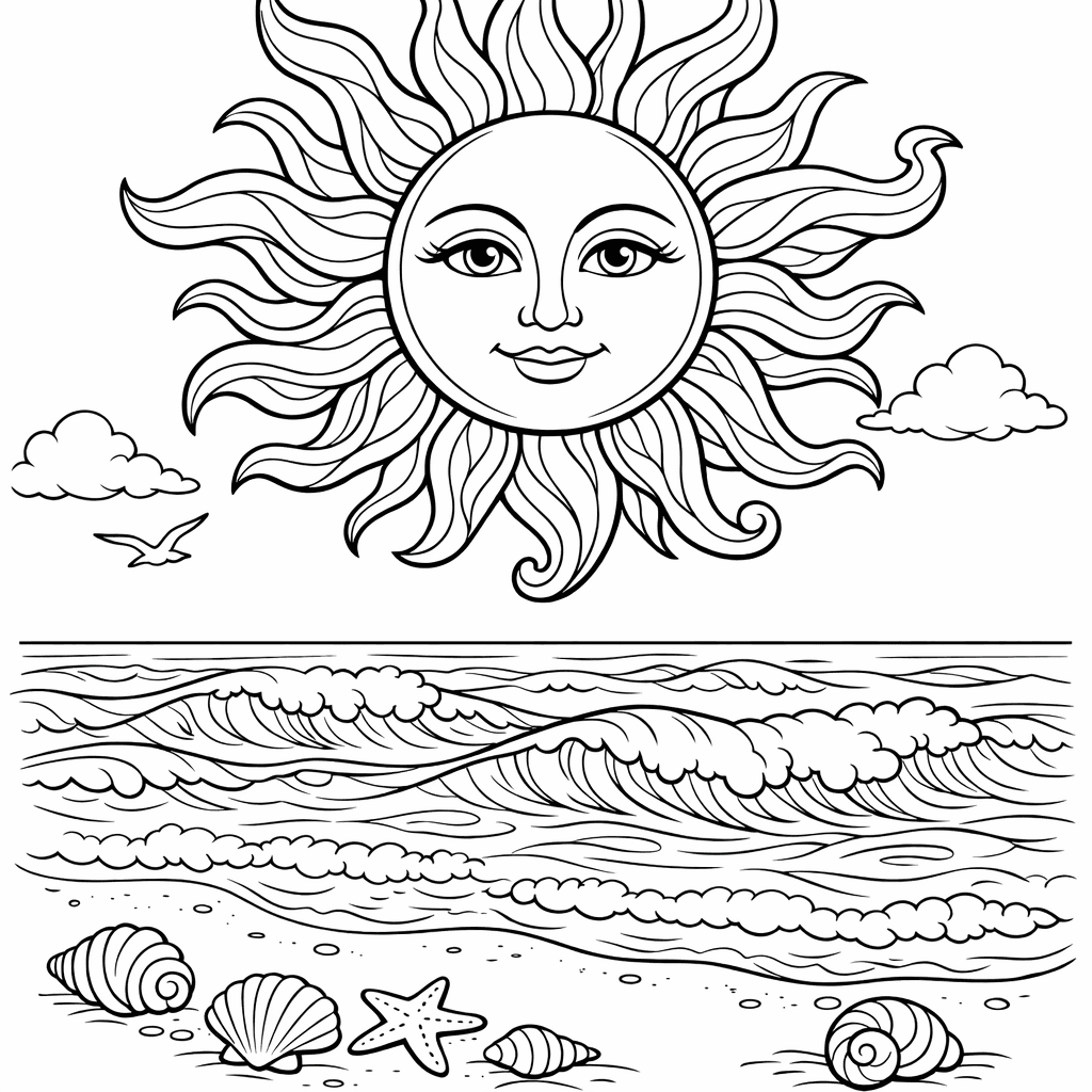 Free printable coloring page: Object Only: A Cute Sun With Clean Outlines,…, for ages 7-12