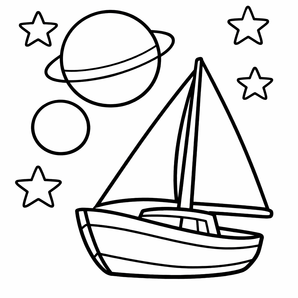 Free printable coloring page: Fantasy Sailboat Sailing Among Giant, Friendly Sea Creatures., for ages 3-6