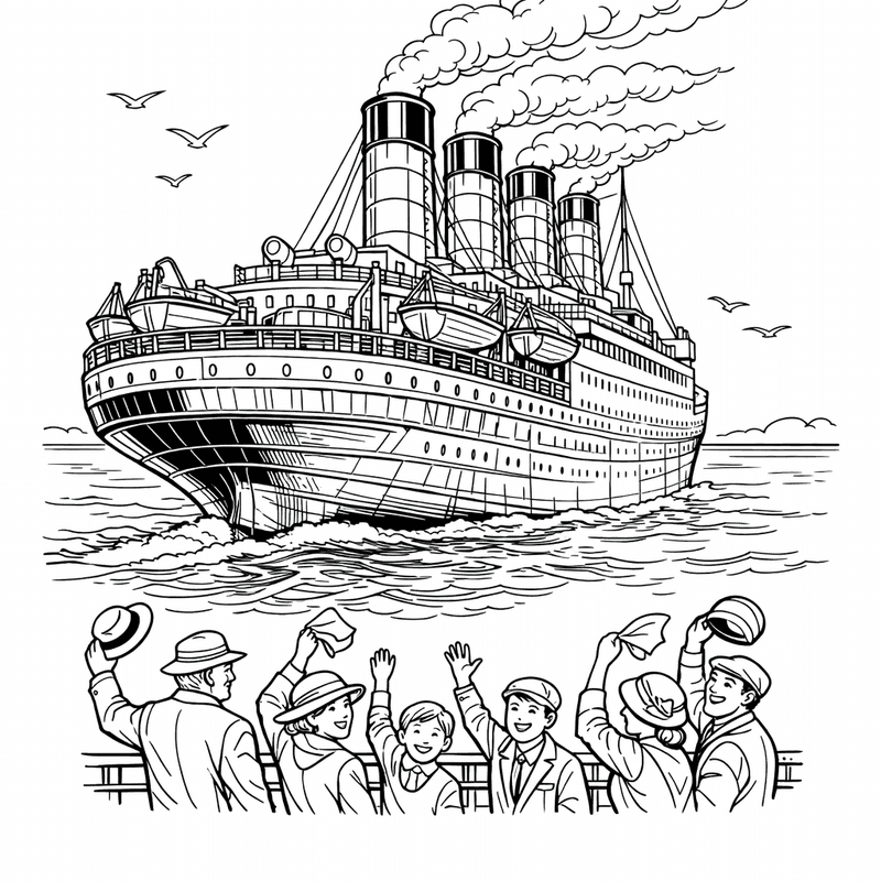 Free printable coloring page: Object Only: A Cute Titanic With Clean Outlines,…, for ages 7-12