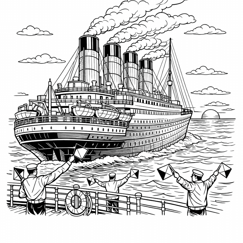 Free printable coloring page: Titanic Sailing Intact On Ocean, for ages 7-12