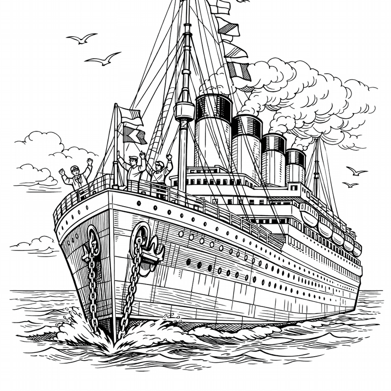 Free printable coloring page: Titanic Bow View Majestic, for ages 7-12