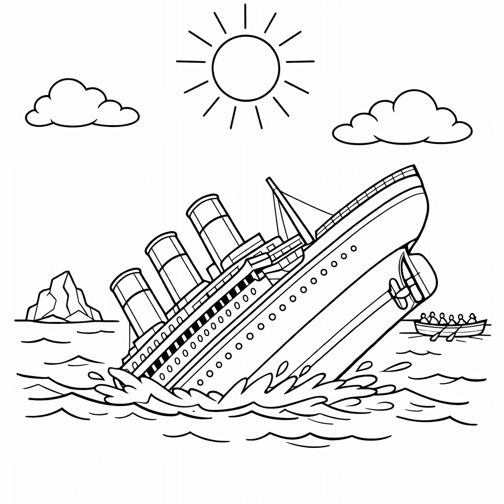 Free printable coloring page: Titanic Sinking Stern Tilted Up, for ages 7-12